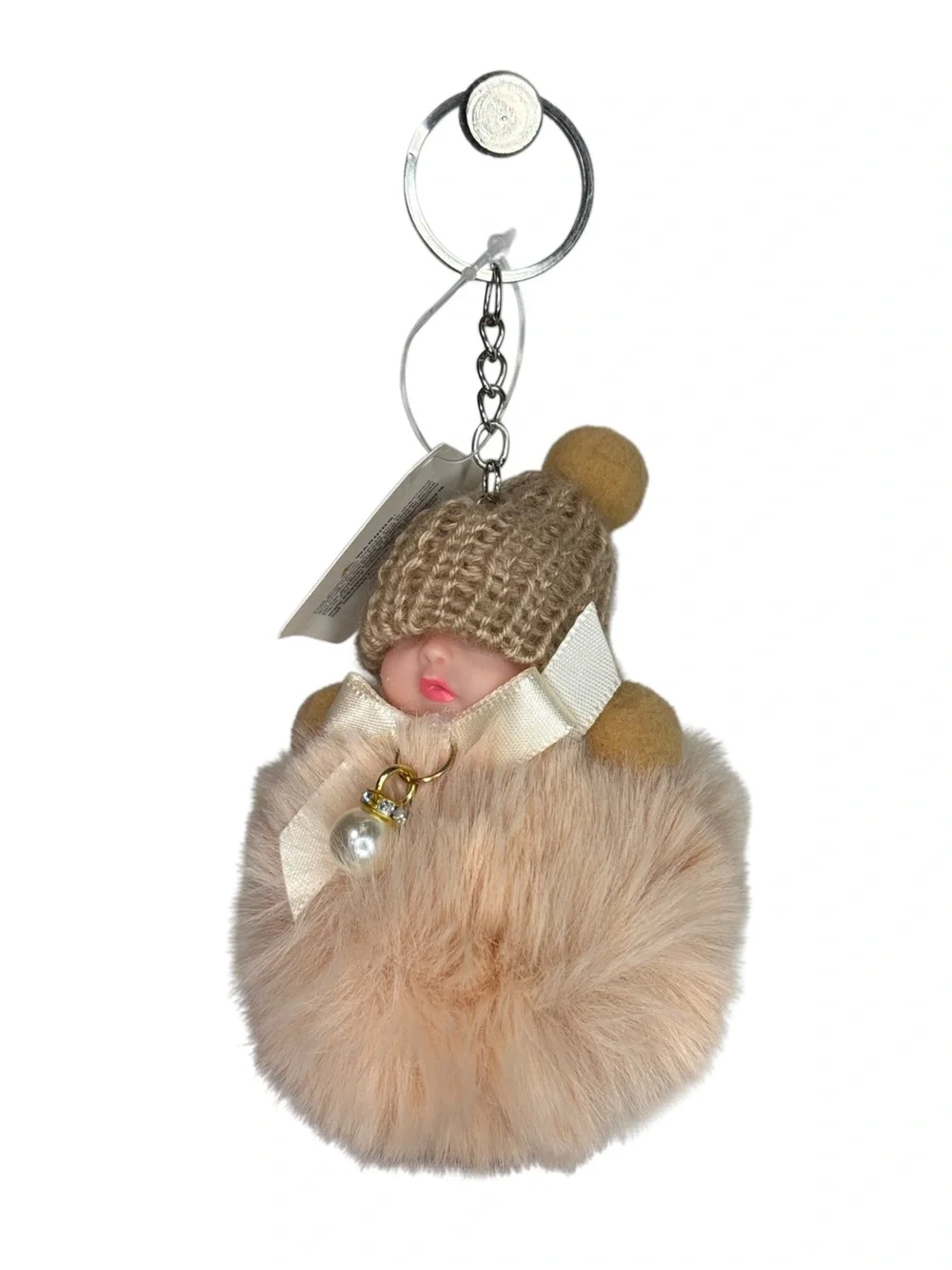 Sleeping Baby Plush Pom-Pom Keychain/Bag Charm Soft Blush Pink